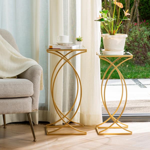 Glitzhome Gold Metal with Glass Accent Table (Set of 2)