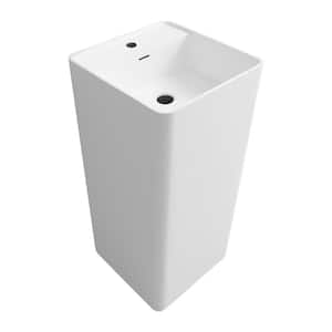 Matte White Solid Surface Composite 16.7 in. Square Pedestal Vessel Sink Combo Without Faucet and Drain