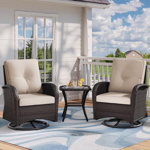 3-Pieces Deep Brown Wicker Outdoor Rocking Chairs Patio Conversation Set with Beige Cushions and Side Table