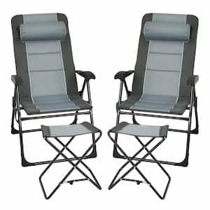 2-Piece Patio Gray Metal Folding Lawn Chair Recliner with Ottoman