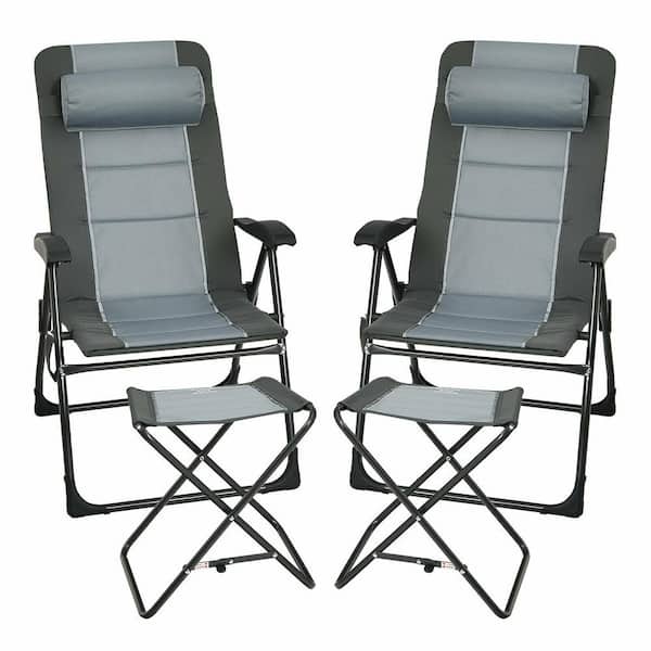 ANGELES HOME 2-Piece Patio Gray Metal Folding Lawn Chair Recliner with Ottoman