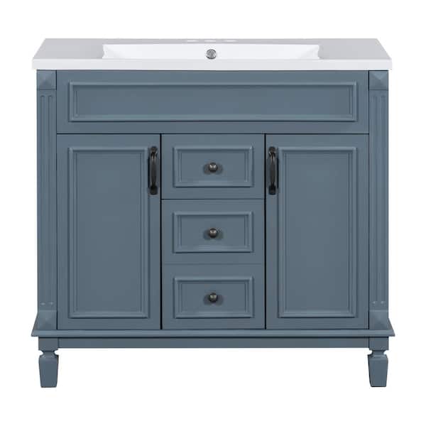 36 in. Single Sink Freestanding Blue Bath Vanity with White Resin Top, 2-Drawers and 2 Soft Closing Doors Unassembled