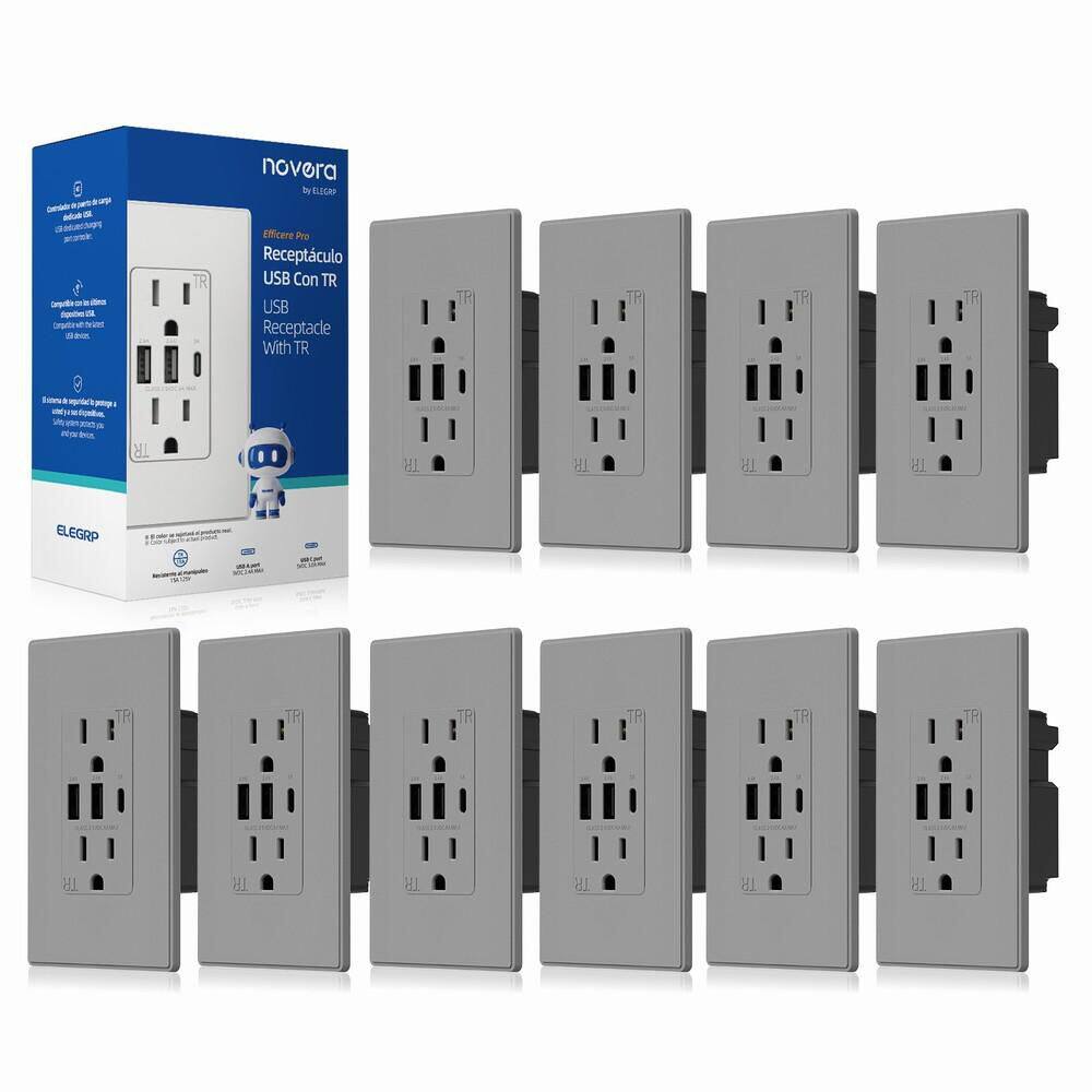 30W 6.0 Amp 3-Port USB Wall Outlet 15A Duplex Receptacle with Dual USB Ports w/ Srewless Wall Plate, Matte Grey 10-Piece price history on PriceWatchPro