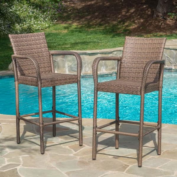 Unbranded Brown Wicker Outdoor Bar Stool Set of 2, Patio Rattan Bar Chairs Bar Height Dining Chairs with Armrests and Backrest