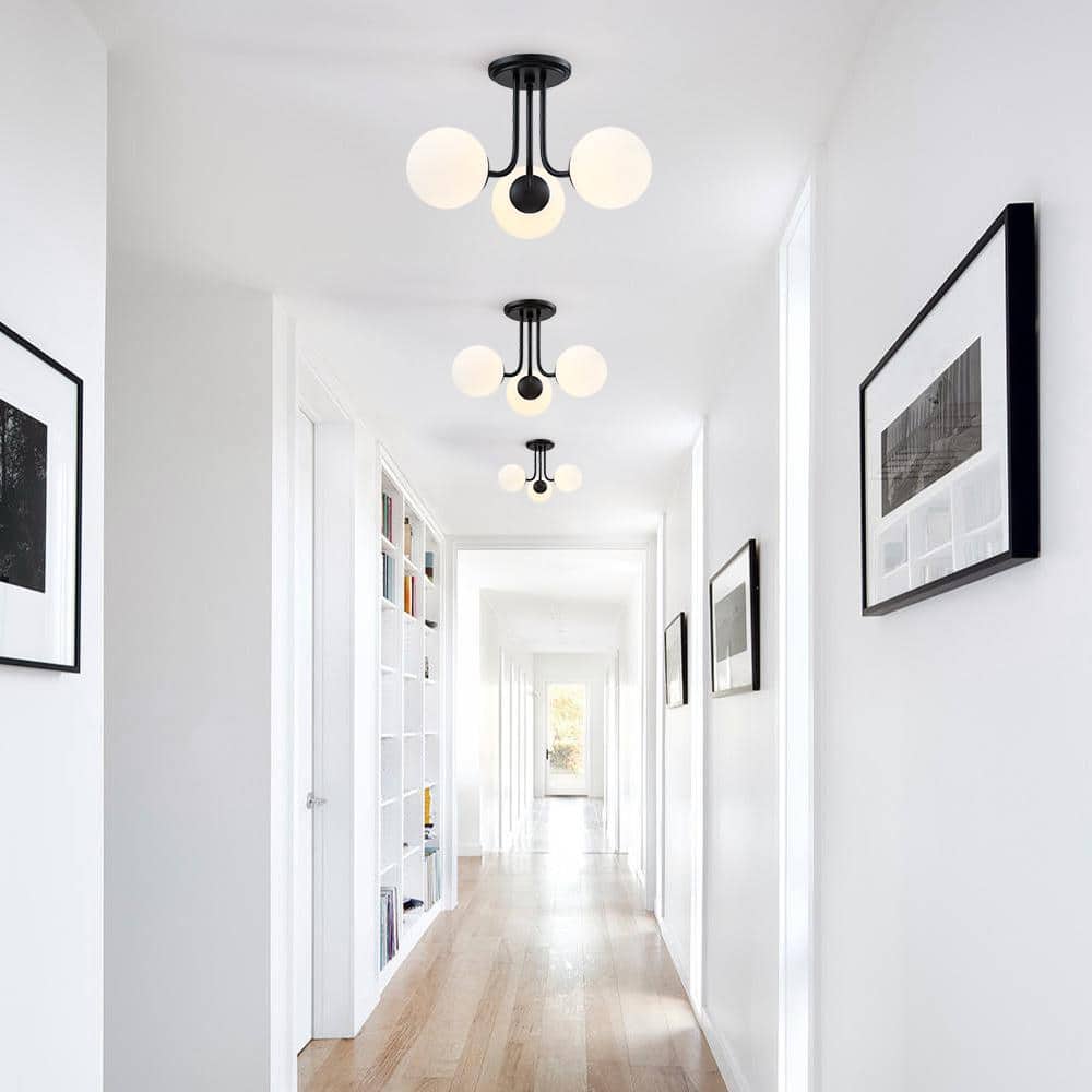 Opal Matte Black and White Glass Globe LED Semi-Flush Mount Light