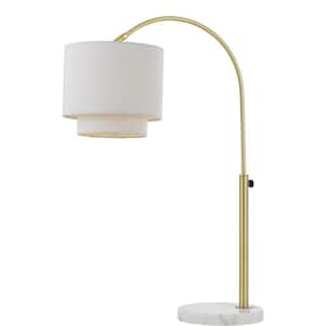 31 in. H Louise Table Lamp with White Marble Base, Ivory Fabric Shade, and Adjustable Arm, Pale Gold Finish