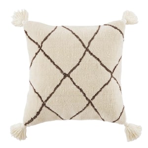 Cream Geometric Diamond 18 in. x 18 in. Square Decorative Throw Pillow with Tassels