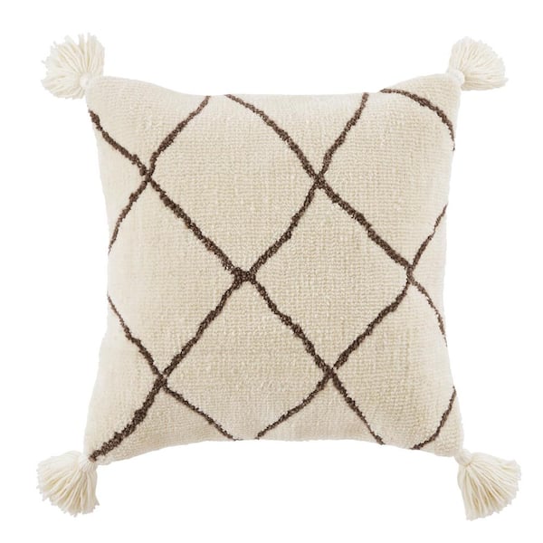 Home Decorators Collection Cream Geometric Diamond 18 in. x 18 in. Square Decorative Throw Pillow with Tassels