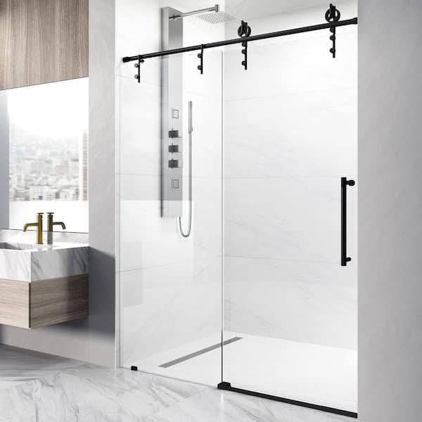 VIGO Hamilton 56 in. to 60 in. W x 78 in. H Aerodynamic Frameless Sliding Shower Door in Matte Black with Clear Glass