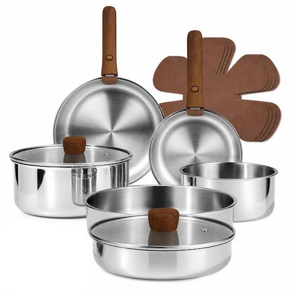 13-Piece Stainless Steel Cookware Set with Detachable Handle, Pots and Pans Set, RV/Camping Cookware, Oven Safe