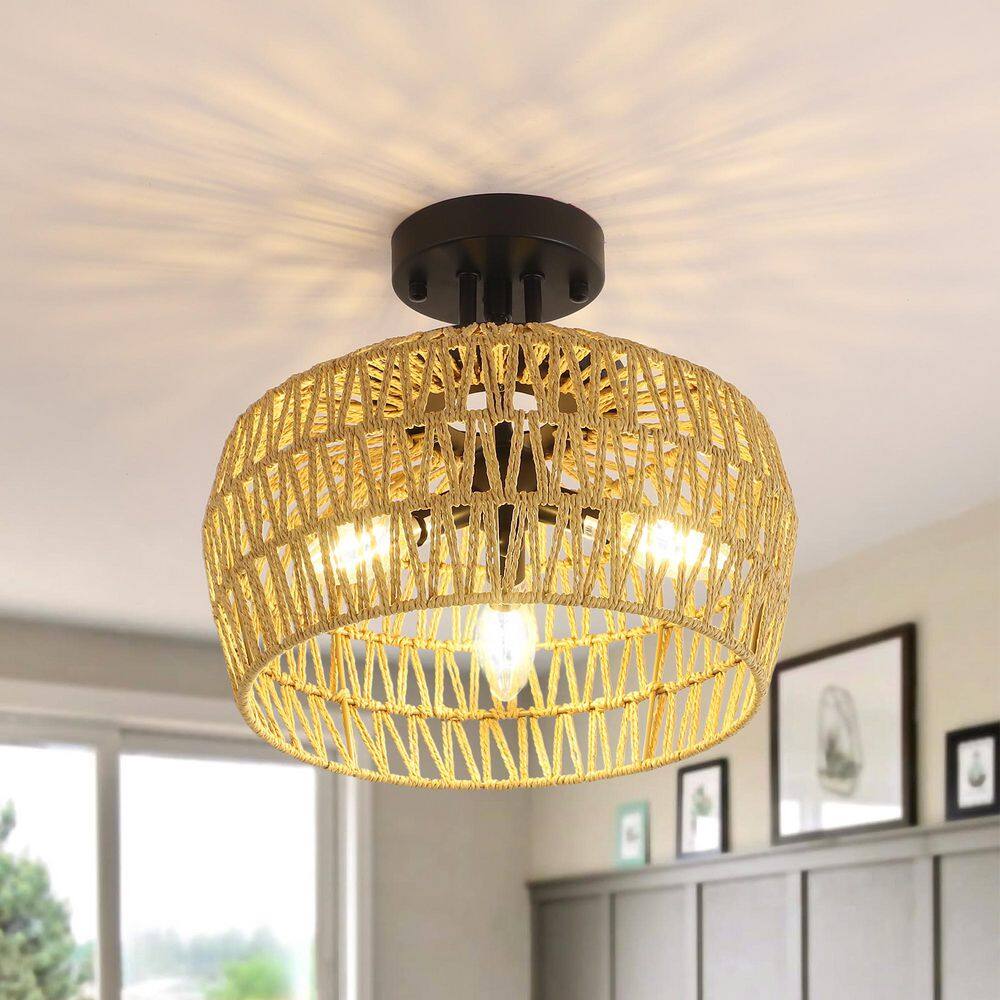 12.6 in. 3-Light Woven Rattan Semi-Flush Mount Ceiling Light with Hand-Woven Rattan Shade price history on PriceWatchPro
