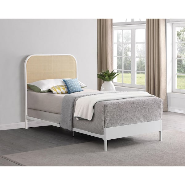 Amherst White Metal Frame Twin Panel Bed with Radio Weave Rattan Headboard