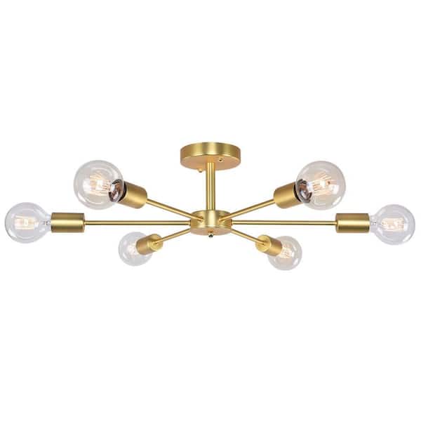 RRTYO Gallman 23.62 in. 6-Light Gold Mid-Century Pendant Ceiling Light Sputnik Semi-Flush Mount