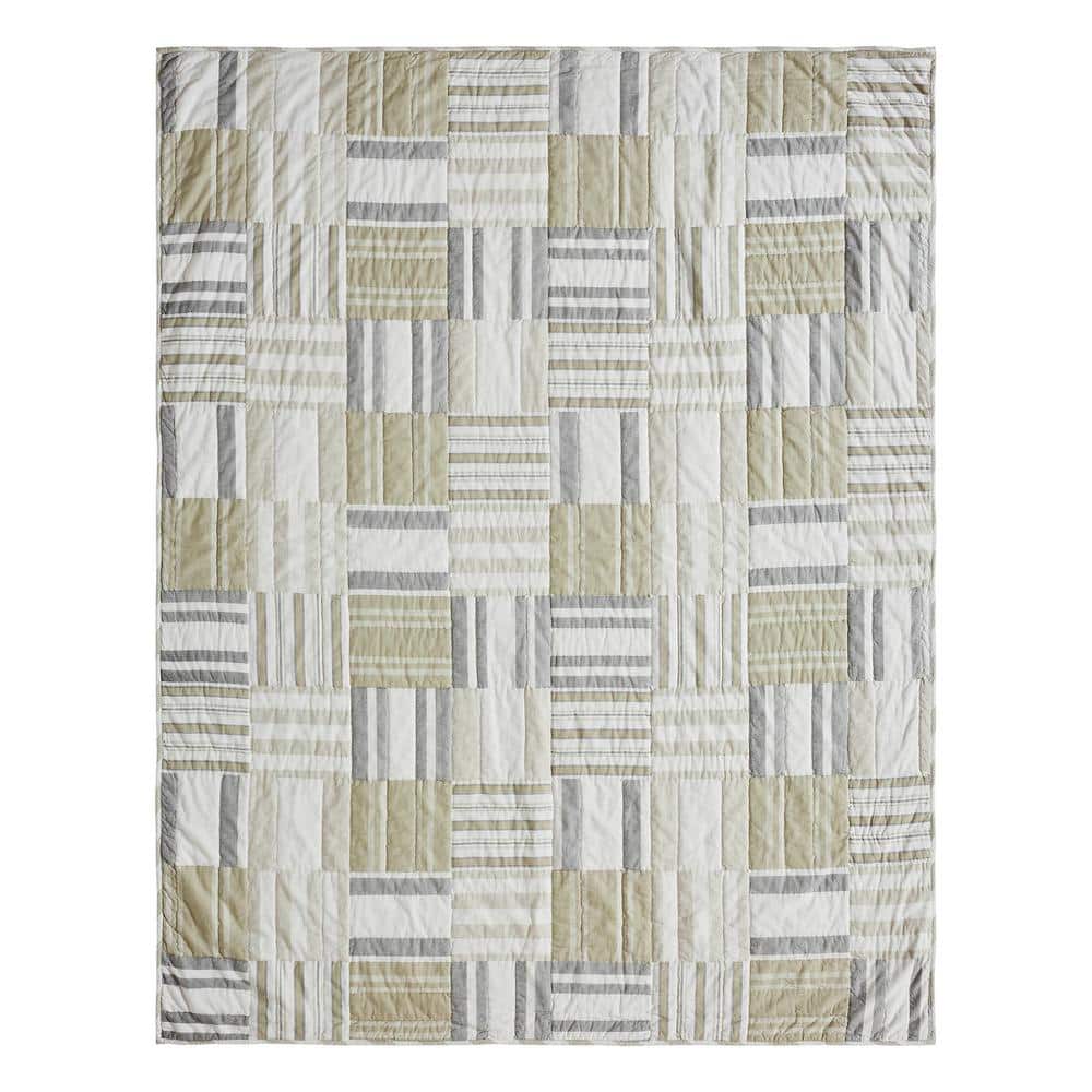 Soft White and Khaki Cotton Patchwork Throw Blanket