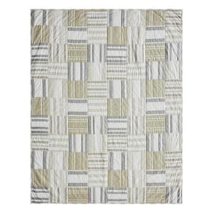 Finders Keepers Soft White, Khaki Farmhouse Striped Quilted 50 x 60 Cotton Throw Blanket