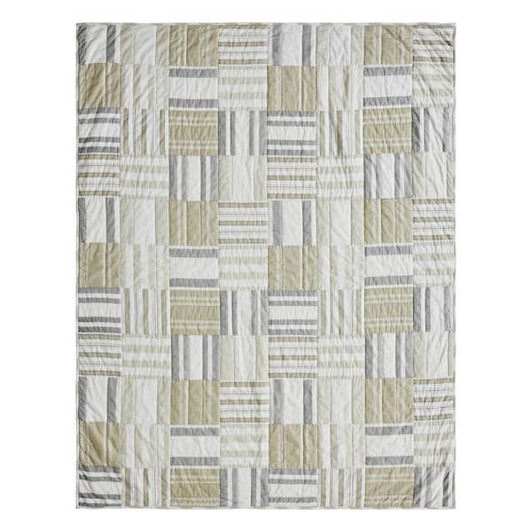 VHC Brands Finders Keepers Soft White, Khaki Farmhouse Striped Quilted 50 x 60 Cotton Throw Blanket