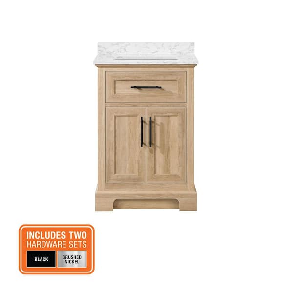 Doveton 24 in. Single Sink Freestanding Weathered Tan Bath Vanity with White Engineered Marble Top (Assembled)