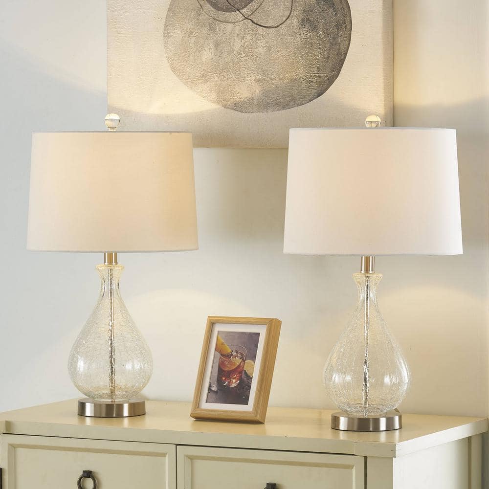 Clear Glass Teardrop Table Lamp Set with White Linen Shade
