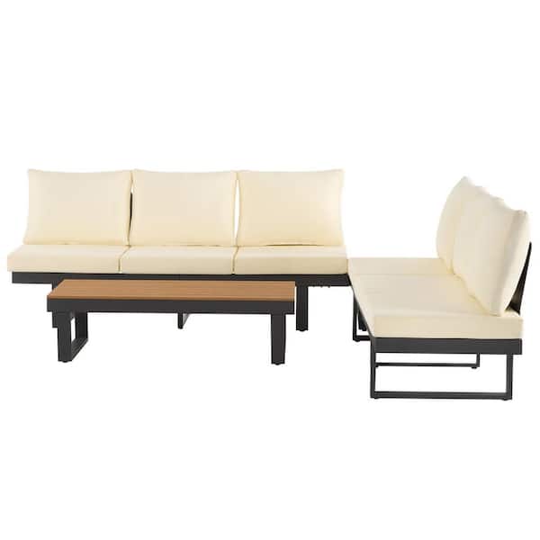 Beige 4-Piece Wicker Outdoor Sectional Set with CushionGuard Beige Cushions and Adjustable Reclining Daybed