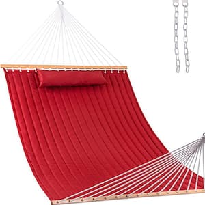 12 ft. Double Quilted Fabric Red Hammock with Spreader Bars and Detachable Pillow