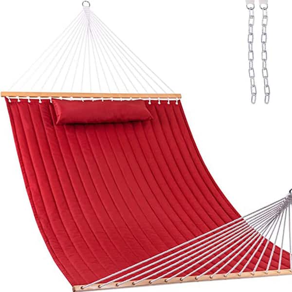 Angel Sar 12 ft. Double Quilted Fabric Red Hammock with Spreader Bars and Detachable Pillow