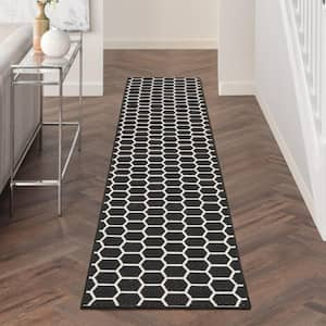 Reversible Indoor Outdoor Black 2 ft. x 10 ft. Honeycomb Contemporary Runner Area Rug