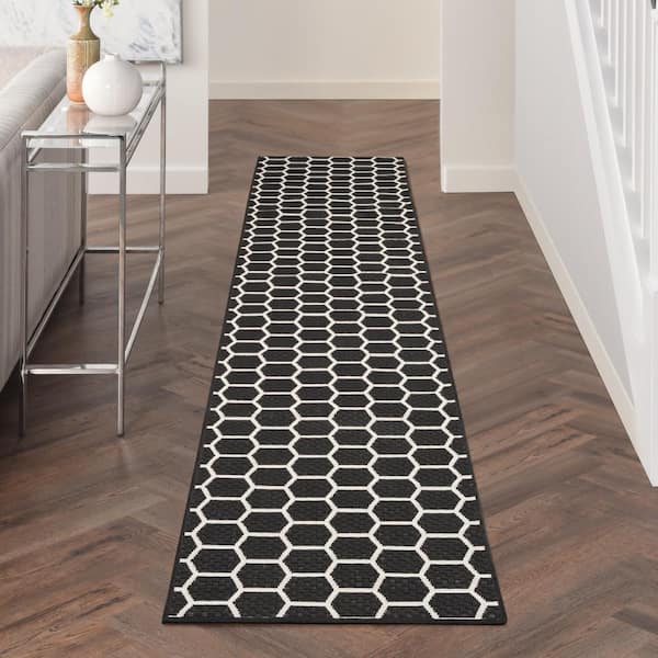 Reversible Indoor Outdoor Black 2 ft. x 10 ft. Honeycomb Contemporary Runner Area Rug