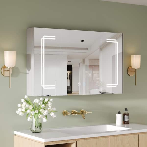 DEERVALLEY 40 in. W x 24 in. H Rectangular Silver Wall Mounted LED Light Medicine Cabinet with Mirror, Defog, Bluetooth Speaker