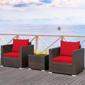 3-Piece Outdoor Wicker Patio Conversation Set Brown Finish with Red Cushions