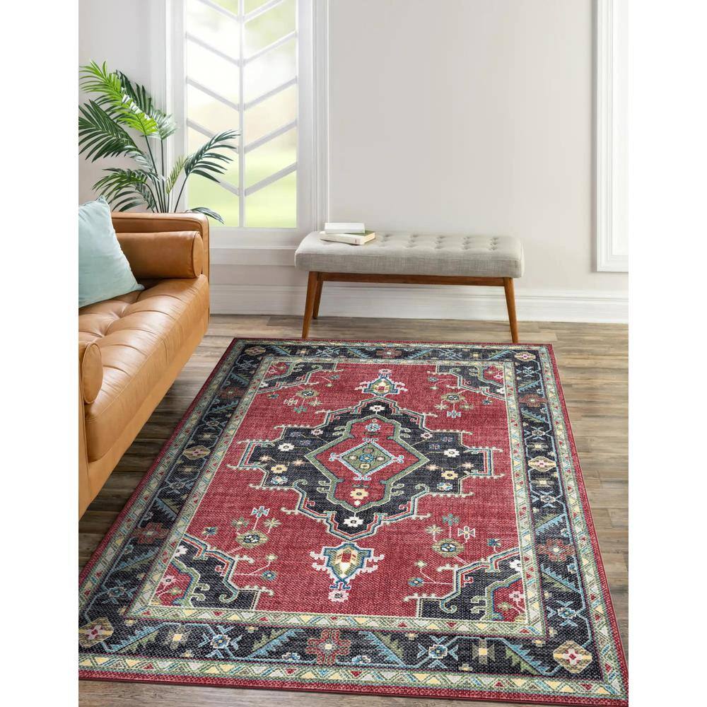 Heriz Medallion Red and Black Synthetic 5' x 7' Area Rug