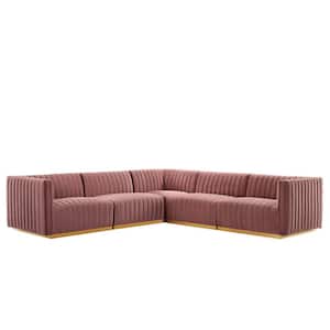 Conjure 114 in. Channel Tufted Performance Velvet 5-Piece Sectional in Gold Dusty Rose