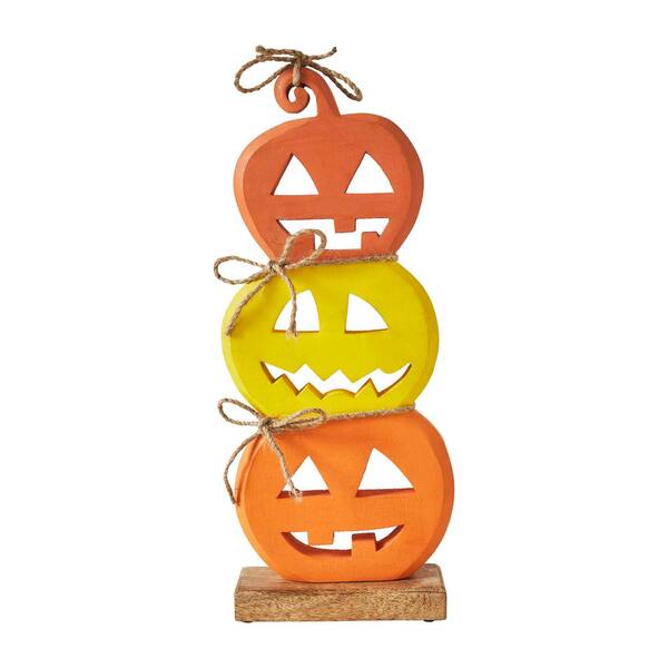 VHC BRANDS Seasons Crest 16.75 in. Orange Yellow Wooden Jack O' Lantern Tabletop Stacked Pumpkins