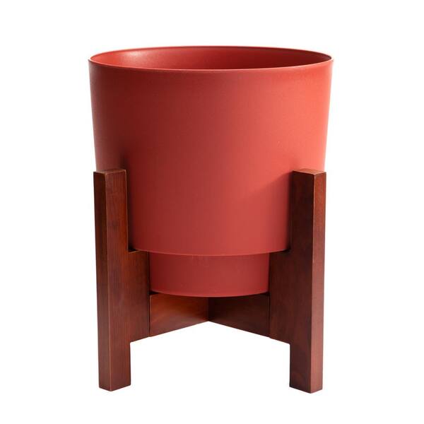 Bloem Hopson Medium 12 in. Burnt Red Plastic Planter with Wood Stand