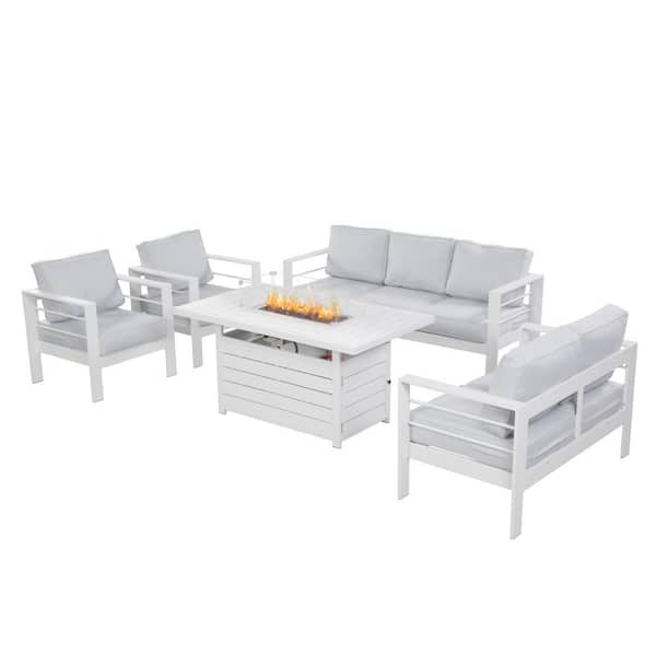 SUNVIVI 5-Piece Aluminum Patio Propane Firepit Conversation Set, Light Gray Cushion