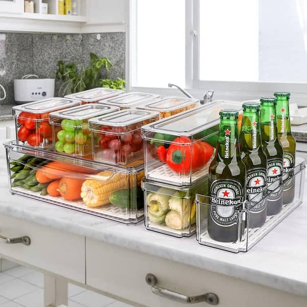 10-Pack Fridge Organizer Bins with Lids for Kitchen, Countertop, Cabinet, Fridge, Drinks, Fruits, Vegetable, Cereal