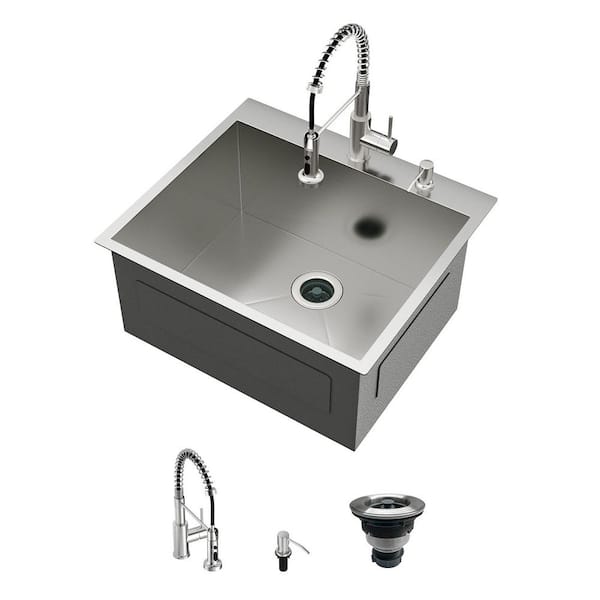 25 in. D x 22 in. W x 12 in. H Drop-In Laundry/Utility Sink Single Bowl 16-Gauge Stainless Steel with Faucet and Drain