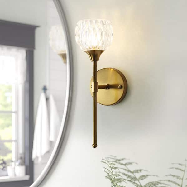 Luxury 7 in. 1-Light Golden Bronze Wall Sconce with Crystal Glass Shade-Elegant Modern Wall Light for Bedroom, Hallway