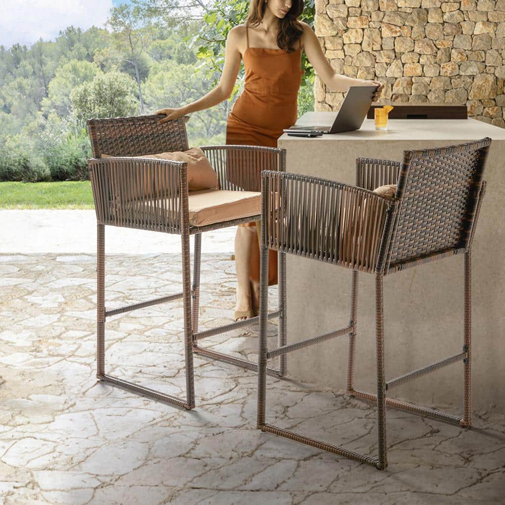 Brown Steel and Wicker Bar Height Outdoor Set with Beige Cushions