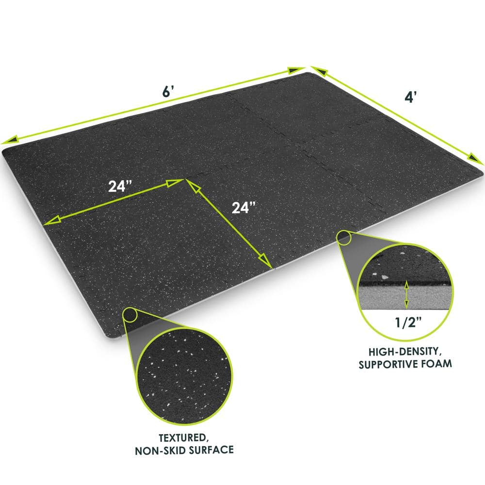 Black and Grey Rubber Top Exercise Puzzle Mat, 1/2-inch, 24 SQFT