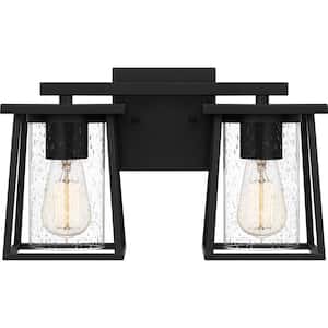 Lodge 14.75 in. 2-Light Matte Black Vanity Light with Clear Seeded Glass