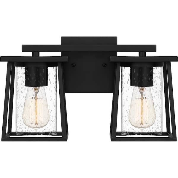 Quoizel Lodge 14.75 in. 2-Light Matte Black Vanity Light with Clear Seeded Glass