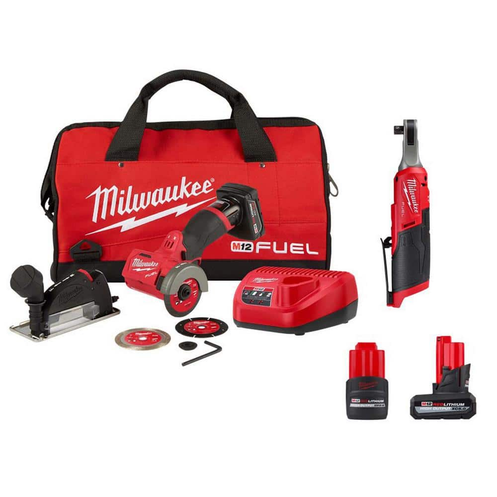 M12 FUEL 12V 3 in. Lithium-Ion Brushless Cordless Cut Off Saw Kit & 3/8 in. Ratchet w/5.0 Ah & 2.5 Ah Batteries -  Milwaukee, 2522-2567-2450