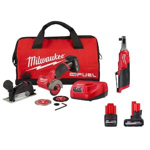 M12 FUEL 12V 3 in. Lithium-Ion Brushless Cordless Cut Off Saw Kit & 3/8 in. Ratchet w/5.0 Ah & 2.5 Ah Batteries