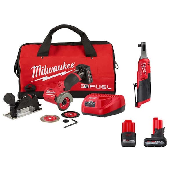 Milwaukee M12 FUEL 12V 3 in. Lithium-Ion Brushless Cordless Cut Off Saw Kit & 3/8 in. Ratchet w/5.0 Ah & 2.5 Ah Batteries