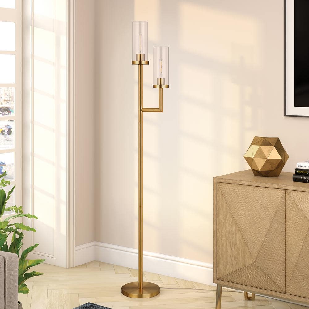 Dual-Light Torchiere Floor Lamp in Brass with Clear Glass Shades