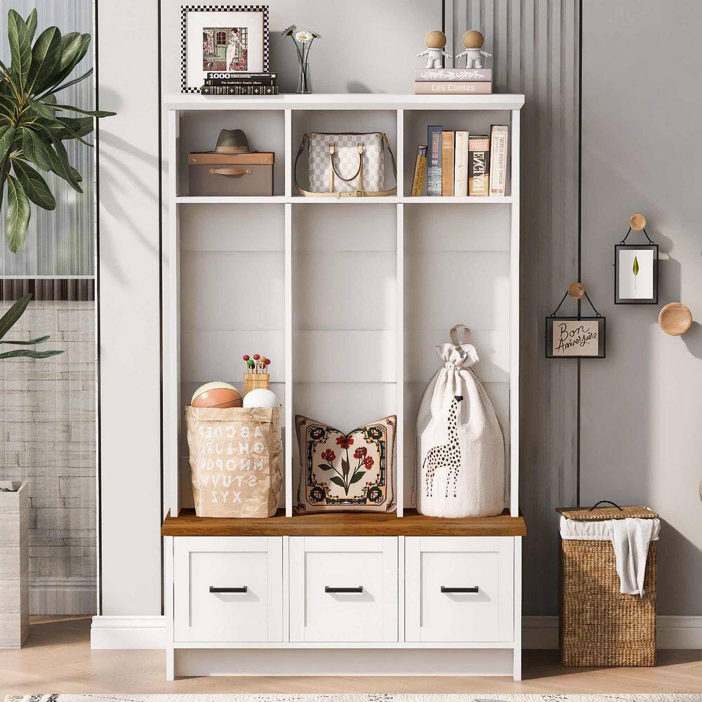 Polibi Modern Hall Tree with Entryway Bench, 3 Shelves and Drawers ...