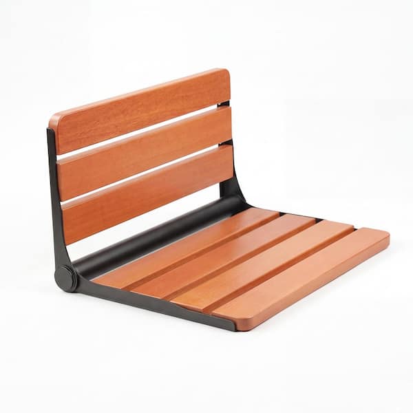 18 in. Wall Mounted Folding Teak Shower Seat in Black and Brown, Fold Down Shower Bench, Teak Wood Stool