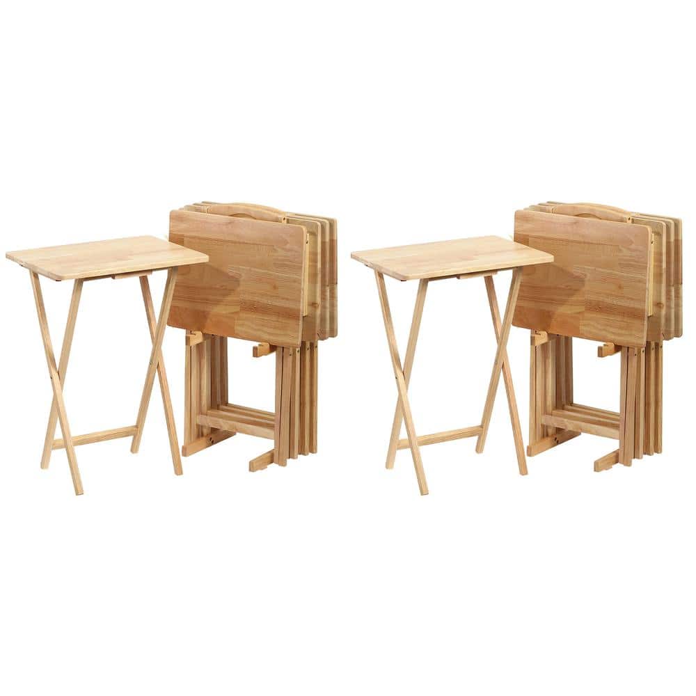 Natural Solid Wood Folding TV Tray Table Set with Storage Rack, 10-Piece
