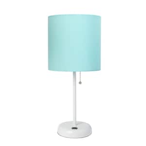 19.5 in. White Stick with Aqua Shade Contemporary Bedside USB Port Feature Standard Metal Table Desk Lamp
