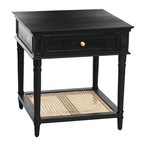 Storied Home Maxwelton 24 in. Black Finish Acacia Wood and Cane Acent Side Table EC1066